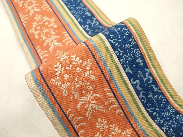 平和屋着物●本場筑前博多織　半幅帯　草花間道　証紙付き　正絹　逸品　CABI7508dy