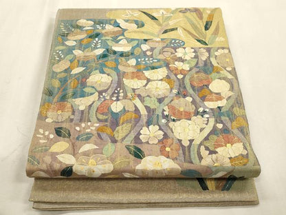平和屋着物▽明綴れ　太鼓柄袋帯　スリーシーズン　春夏秋　草花文　金糸　正絹　逸品　CABI7536dy