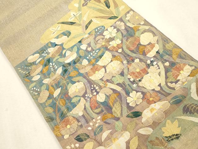 平和屋着物▽明綴れ　太鼓柄袋帯　スリーシーズン　春夏秋　草花文　金糸　正絹　逸品　CABI7536dy