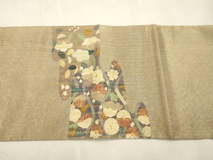 平和屋着物▽明綴れ　太鼓柄袋帯　スリーシーズン　春夏秋　草花文　金糸　正絹　逸品　CABI7536dy