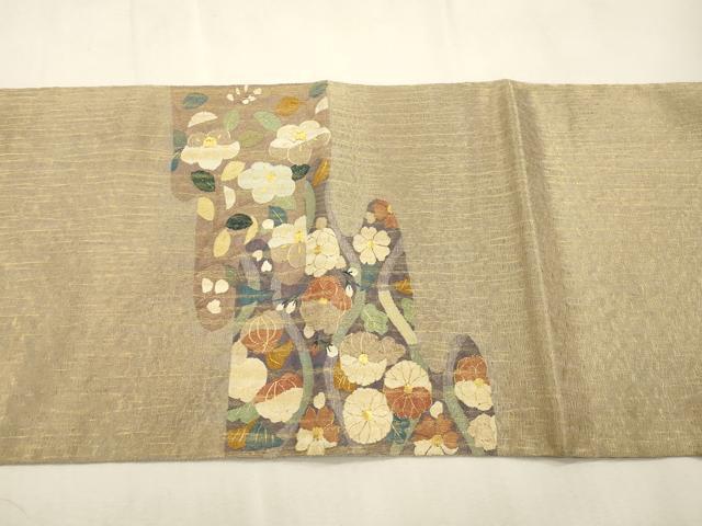 平和屋着物▽明綴れ　太鼓柄袋帯　スリーシーズン　春夏秋　草花文　金糸　正絹　逸品　CABI7536dy