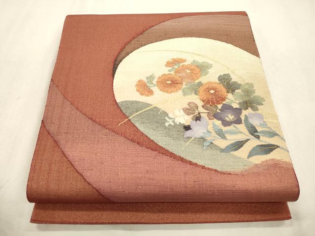 平和屋着物●太鼓柄袋帯　すくい織　草花文　金糸　正絹　逸品　CABI7538dy