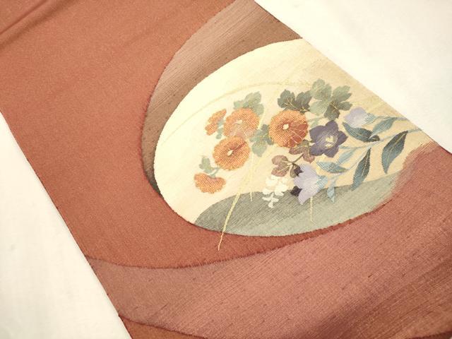 平和屋着物●太鼓柄袋帯　すくい織　草花文　金糸　正絹　逸品　CABI7538dy