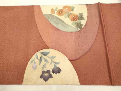 平和屋着物●太鼓柄袋帯　すくい織　草花文　金糸　正絹　逸品　CABI7538dy