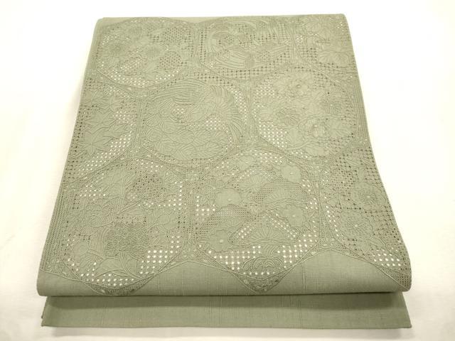 平和屋着物●中国三大刺繍　スワトウ刺繍　相良刺繍　総刺繍　太鼓柄袋帯　紬地　中国伝統工芸　花鳥丸文　鶸茶色　正絹　逸品　CABI7544dy