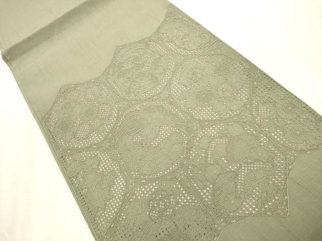 平和屋着物●中国三大刺繍　スワトウ刺繍　相良刺繍　総刺繍　太鼓柄袋帯　紬地　中国伝統工芸　花鳥丸文　鶸茶色　正絹　逸品　CABI7544dy