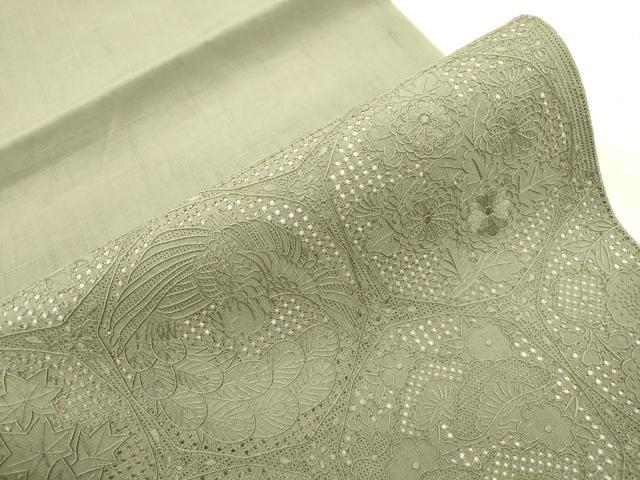 平和屋着物●中国三大刺繍　スワトウ刺繍　相良刺繍　総刺繍　太鼓柄袋帯　紬地　中国伝統工芸　花鳥丸文　鶸茶色　正絹　逸品　CABI7544dy