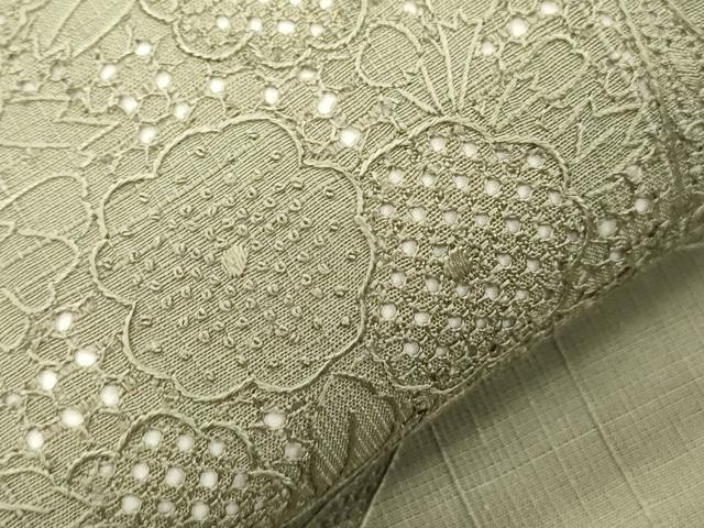平和屋着物●中国三大刺繍　スワトウ刺繍　相良刺繍　総刺繍　太鼓柄袋帯　紬地　中国伝統工芸　花鳥丸文　鶸茶色　正絹　逸品　CABI7544dy