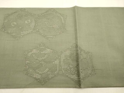 平和屋着物●中国三大刺繍　スワトウ刺繍　相良刺繍　総刺繍　太鼓柄袋帯　紬地　中国伝統工芸　花鳥丸文　鶸茶色　正絹　逸品　CABI7544dy