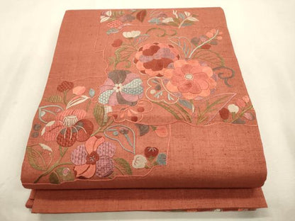 平和屋着物●太鼓柄袋帯　紬地　総刺繍　草花文　正絹　逸品　CABI7546dy