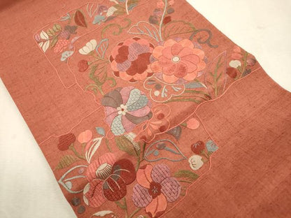 平和屋着物●太鼓柄袋帯　紬地　総刺繍　草花文　正絹　逸品　CABI7546dy