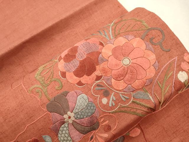 平和屋着物●太鼓柄袋帯　紬地　総刺繍　草花文　正絹　逸品　CABI7546dy