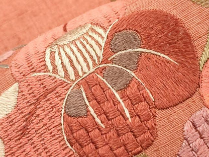 平和屋着物●太鼓柄袋帯　紬地　総刺繍　草花文　正絹　逸品　CABI7546dy