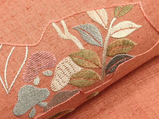平和屋着物●太鼓柄袋帯　紬地　総刺繍　草花文　正絹　逸品　CABI7546dy