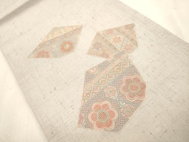 平和屋着物●中国三大刺繍　スワトウ刺繍　総刺繍　太鼓柄袋帯　紬地　幾何学花文　正絹　逸品　CABI7549dy