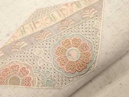 平和屋着物●中国三大刺繍　スワトウ刺繍　総刺繍　太鼓柄袋帯　紬地　幾何学花文　正絹　逸品　CABI7549dy