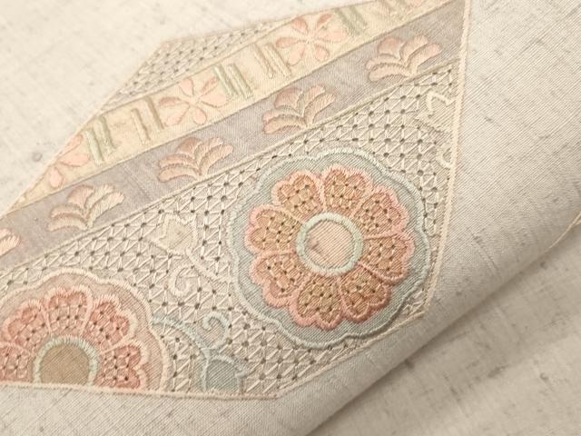 平和屋着物●中国三大刺繍　スワトウ刺繍　総刺繍　太鼓柄袋帯　紬地　幾何学花文　正絹　逸品　CABI7549dy