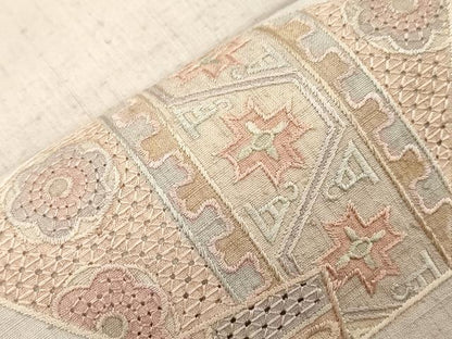 平和屋着物●中国三大刺繍　スワトウ刺繍　総刺繍　太鼓柄袋帯　紬地　幾何学花文　正絹　逸品　CABI7549dy