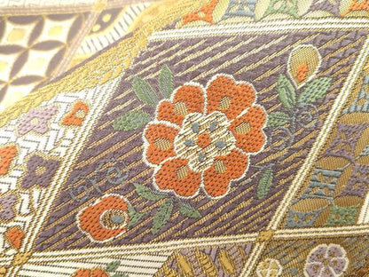 平和屋着物●六通柄袋帯　唐織　もみ金唐箔　横段更紗花文　金糸　正絹　逸品　CABI7557dy