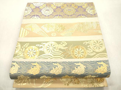 平和屋着物●両方向　全通柄袋帯　横段宝尽くし文　金糸　さが美扱い　正絹　逸品　CABI7567dy