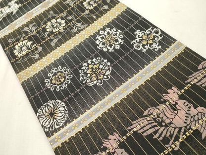 平和屋着物●西陣　河瀬満織物謹製　六通柄袋帯　花鳥文　黒地　金糸　証紙付き　正絹　逸品　CABI7575dy