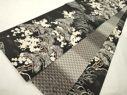 平和屋着物●両面　全通柄袋帯　立波草花文　黒地　正絹　逸品　未使用　CABI7580dy
