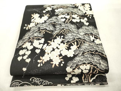 平和屋着物●両面　全通柄袋帯　立波草花文　黒地　正絹　逸品　未使用　CABI7580dy