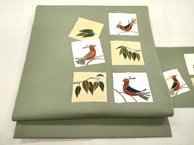 平和屋着物●塩瀬　九寸名古屋帯　竹屋町刺繍　色紙鳥文　金彩　正絹　逸品　CABI7594dy