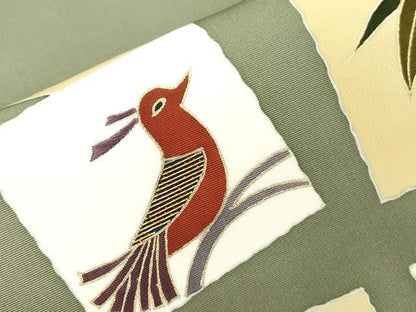 平和屋着物●塩瀬　九寸名古屋帯　竹屋町刺繍　色紙鳥文　金彩　正絹　逸品　CABI7594dy