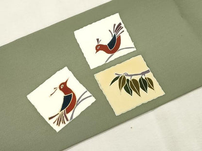 平和屋着物●塩瀬　九寸名古屋帯　竹屋町刺繍　色紙鳥文　金彩　正絹　逸品　CABI7594dy