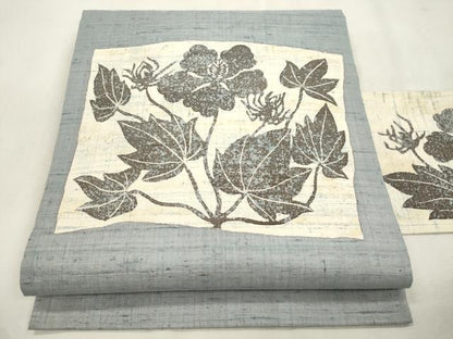 平和屋着物●九寸名古屋帯　紬地　型染め　草花文　正絹　逸品　CABI7597dy