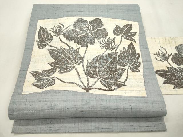 平和屋着物●九寸名古屋帯　紬地　型染め　草花文　正絹　逸品　CABI7597dy