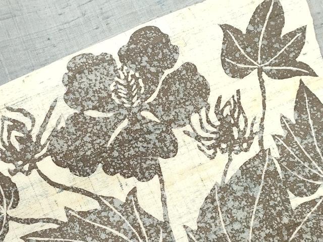 平和屋着物●九寸名古屋帯　紬地　型染め　草花文　正絹　逸品　CABI7597dy
