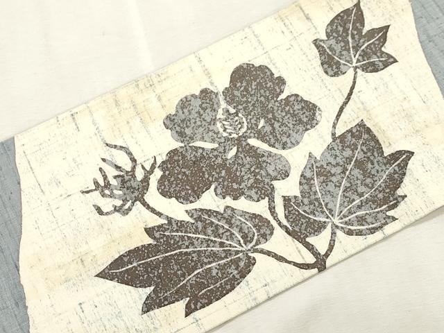 平和屋着物●九寸名古屋帯　紬地　型染め　草花文　正絹　逸品　CABI7597dy