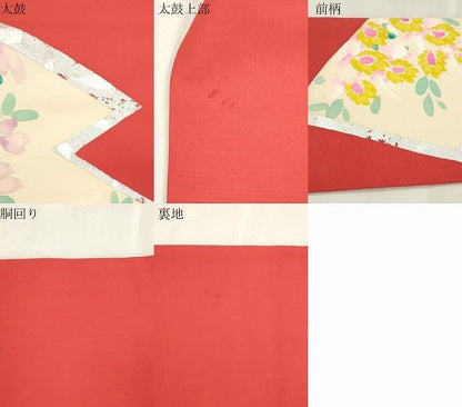 平和屋着物●塩瀬　九寸名古屋帯　手描き　草花文　銀彩　正絹　逸品　CABI7599dy