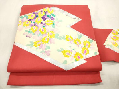 平和屋着物●塩瀬　九寸名古屋帯　手描き　草花文　銀彩　正絹　逸品　CABI7599dy