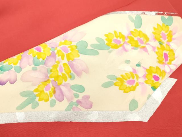 平和屋着物●塩瀬　九寸名古屋帯　手描き　草花文　銀彩　正絹　逸品　CABI7599dy