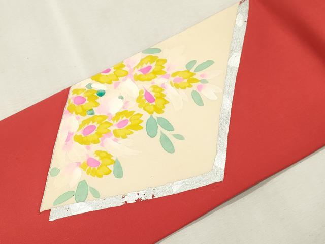 平和屋着物●塩瀬　九寸名古屋帯　手描き　草花文　銀彩　正絹　逸品　CABI7599dy