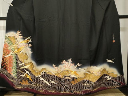 平和屋着物■世界的ファッションデザイナー 山本寛斎 kansaiブランド 黒留袖 駒刺繍 珠派桜楓飛鶴図文 暈し染め 金彩 正絹 逸品 CABI7609ev