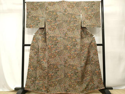 平和屋着物■上質な小紋　切嵌更紗花文　古代エジプト壁画文様　鬼しぼ縮緬　正絹　逸品　CABI7611ev