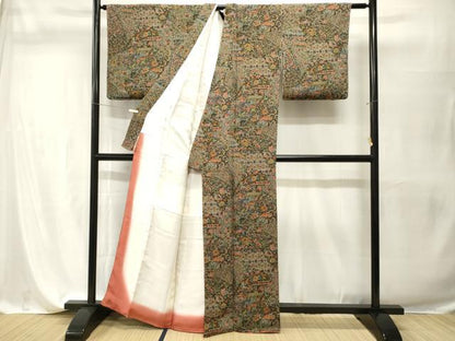 平和屋着物■上質な小紋　切嵌更紗花文　古代エジプト壁画文様　鬼しぼ縮緬　正絹　逸品　CABI7611ev