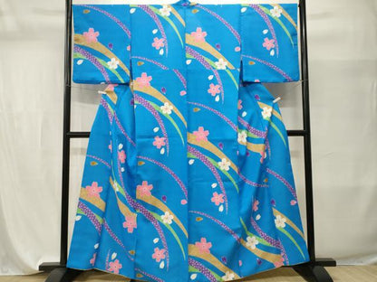 平和屋着物■小紋　芝草舞桜文　胴抜き仕立て　洗える着物　CABI7633ev