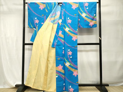 平和屋着物■小紋　芝草舞桜文　胴抜き仕立て　洗える着物　CABI7633ev