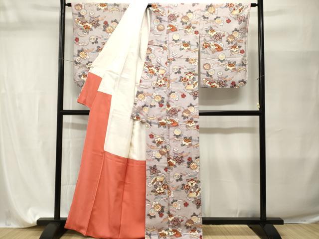 平和屋着物■上質な小紋　雪芝草扇面飛鶴花文　金彩　正絹　逸品　CABI7648ev