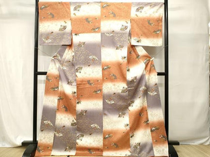 平和屋着物■上質な小紋　飛鶴扇面流水草花文　暈し染め　金彩　ロング丈　正絹　逸品　CABI7668ev