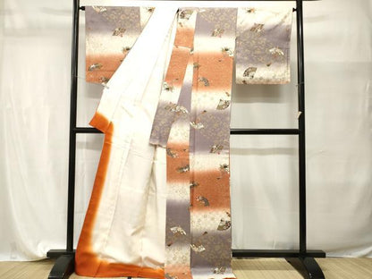 平和屋着物■上質な小紋　飛鶴扇面流水草花文　暈し染め　金彩　ロング丈　正絹　逸品　CABI7668ev