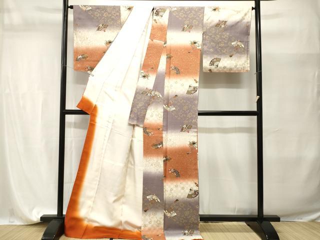 平和屋着物■上質な小紋　飛鶴扇面流水草花文　暈し染め　金彩　ロング丈　正絹　逸品　CABI7668ev