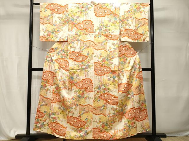 平和屋着物■上質な小紋　絞り　雲取り屏風草花文　金彩　正絹　逸品　CABI7704ev