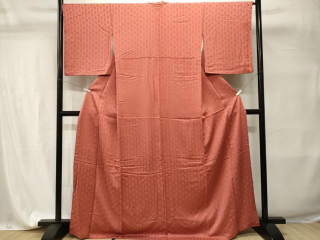 平和屋着物■上質な色無地　市松花地紋　甚三紅色　正絹　逸品　CABI7711ev