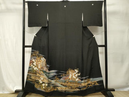 平和屋着物■豪華黒留袖　駒刺繍　遠山御所車花文　暈し染め　金彩　正絹　逸品　CABI7745ev